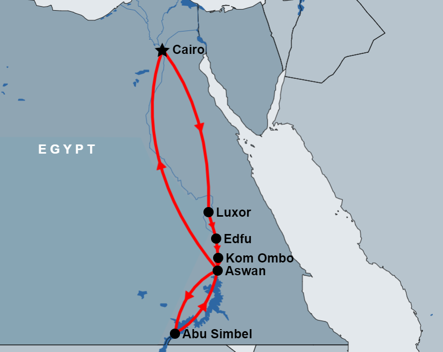 6 Day Cairo, Luxor, Edfu, Kom Ombo, Aswan and Abu Simbel map 6 Day Cairo, Luxor, Edfu, Kom Ombo, Aswan and Abu Simbel map